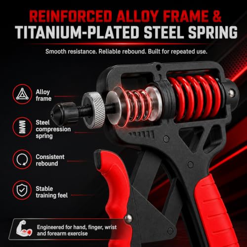 Ergonomic Adjustable H-Grip Hand Trainer with Counter | 11–350lb Hand Gripper with Alloy Frame, Titanium-Plated Spring and TPR Non-Slip Handles for Finger, Wrist & Forearm Training - color: Red