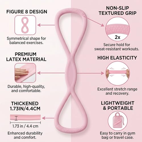 Figure 8 Resistance Bands with Non Slip Handles, 15LB Elastic Exercise Bands for Arms Shoulder Back Workout, Portable Fitness Bands for Women Men Home Gym Yoga Physical Therapy