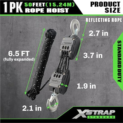 XSTRAP STANDARD 50FT Reflective Rope Hoist 1 Ton 5:1 Block & Tackle w/Loops | 2000Lbs Break Strength, 1 ton wheel block & tackle pulley, includes 2PK 18" soft loops, reflective heavy-duty hoist - color: 50ft Reflective Upgraded