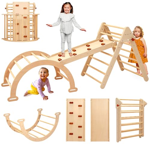 PairPear Foldable Pikler Triangle Climbing Set for Kids, 7 in 1 Montessori Large Wooden Climbing Toys Indoor Jungle Gym with Rocker Arch, Ramp & Slide for Toddlers 18 Months+