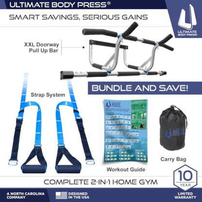 Ultimate Body Press XL Doorway Pull Up bar with Elevated bar & Adjustable Width - color: XXL Doorway Pull Up Bar and Strap System