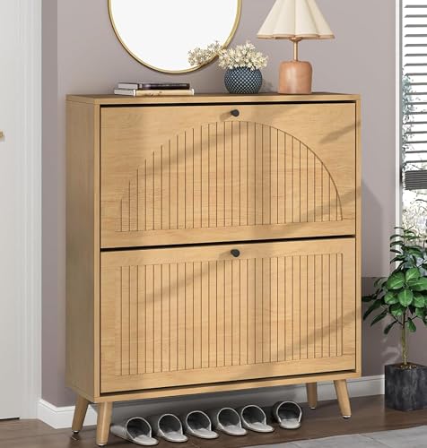 Fsbecl Shoe Storage Cabinet for Entryway with 2 Flip Drawers, Narrow Wood Shoe Cabinet with Fluted Panel, Freestanding Hidden Shoe Organizer for Hallway - color: Oak, size: 2 Drawers-Double Layer