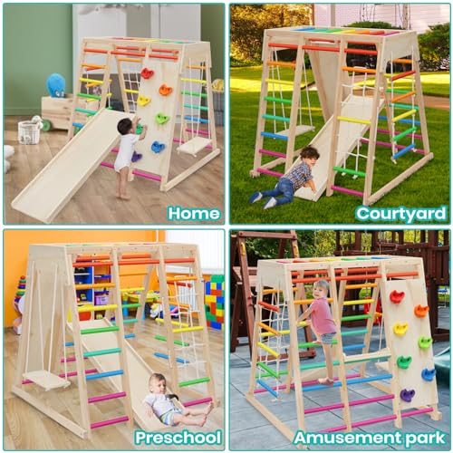7 in 1 Pikler Indoor Playground Jungle Gym Playset, Wooden Montessori Climber with Slide, Rock Climb Wall, Monkey Bars, Rope Ladder, Climbing Rope and Swing for Kids（Rainbow）