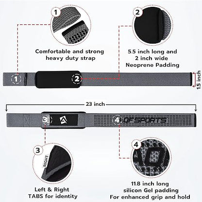 AQF Weight Lifting Straps, Padded Cotton Gym Wrist Straps for Deadlifts | 23" Extra-Long, Heavy-Duty Webbing, 5mm Neoprene Cushioning, Open-Loop Design, Sold as Pair, Ideal for Rows & Pull Workout - color: Grey Gel Grip