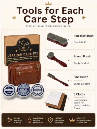 Leather Care Kit, 3.53 oz Saddle Soap, Mink Oil & Neutral Shoe Wax, Shoe Shine Kit with 3 Brushes, 3 Cloths & Bag