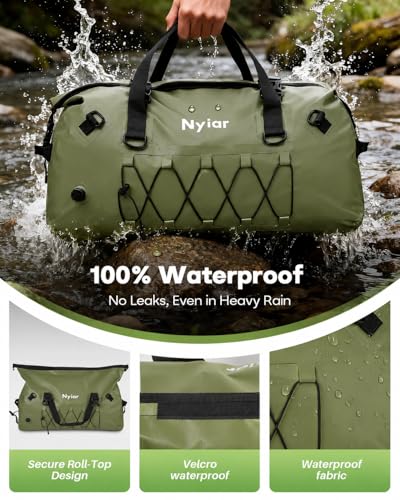 60L Waterproof Duffel Bag Motorcycle Dry Bag Backpack, Heavy-Duty Roll-Top Waterproof Bag with Sealed Seams & Waterproof Zipper for Riding, Kayaking, Camping & Travel (Green)