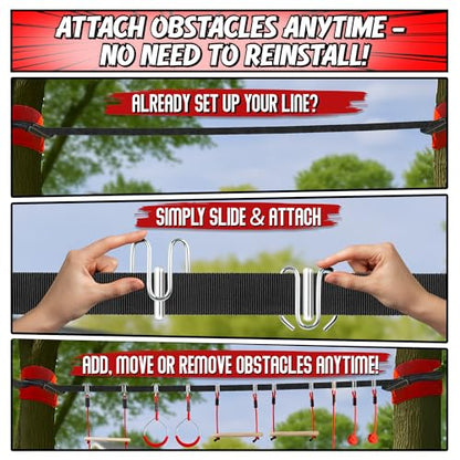 Trailblaze Ninja Warrior Obstacle Course - Ultimate Outdoor Fun 50 Ft Ninja Slackline Climbing Net, Rope Ladder, Trapeze, Swing, Monkey Bars (50ft Single Line Kit – 8 Obstacles) - color: 50ft Single Line Kit - 8 Obstacles