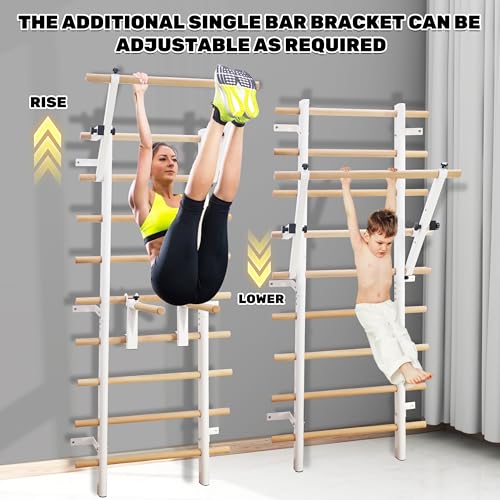 Stall Bars, Swedish Ladder for Adult and Kids, Wall Bar with Solid Beech Wood Rods, Durable Steel Frame, Adjustable Pull Up and Dip for Strength, Flexibility at Home Gym, Studio - color: White