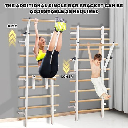 Stall Bars, Swedish Ladder for Adult and Kids, Wall Bar with Solid Beech Wood Rods, Durable Steel Frame, Adjustable Pull Up and Dip for Strength, Flexibility at Home Gym, Studio - color: White