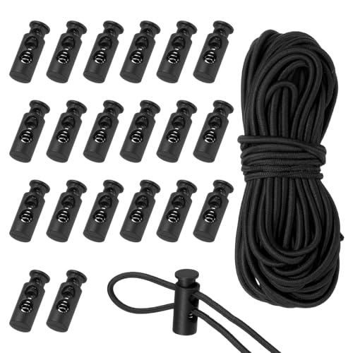 uxcell 20 Pcs Plastic Cord Locks & 16 ft Elastic Cord, Double-Hole Toggles for Drawstrings End Stopper Fastener Slider Toggles Clip for Shoelaces Backpacks Replacement, Black - color: Black