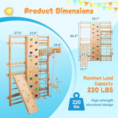 10-in-1 Swedish Ladder Wall Gym Set, Wooden Indoor Climbing Frame for Kids and Adults with Slide, Swing, Rock Climbing Wall, Gymnastic Rings, Rope Ladder, and Pull-Up Bar, Home Playground