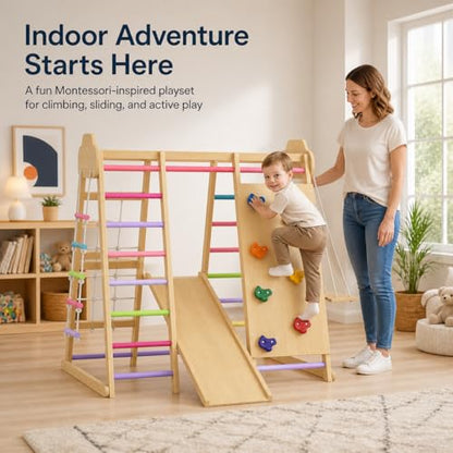 Indoor Playground Jungle Gym Playset, Wooden Pikler Montessori Climber with Slide, Swing, Rope Ladder, Monkey Bars, Climbing Net & Rock Wall, 9-in-1 Toddler Climbing Toy for Kids Indoor Playroom