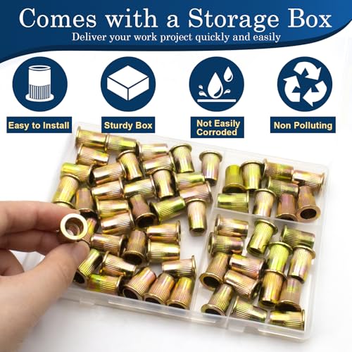 5/16"-18 UNC Rivet Nut, 60Pcs Zinc Plated Finish Carbon Steel Flat Head Threaded Insert Nutsert Kit - color: Yellow, size: SAE 5/16"-18 - 60 Pcs
