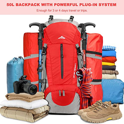 Loowoko 50L Hiking Backpack, Waterproof Camping Essentials Bag with Rain Cover, 45+5 Liter Lightweight Backpacking Back Pack - color: Red