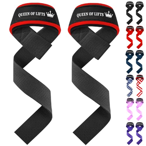 TECEUM Lifting Straps for Weightlifting Gym Strength Training - Wrist Straps with Neoprene Padded Cotton - Men & Women – Ideal for Powerlifting, Bodybuilding & Deadlifts - color: Black and Red, size: 18" - Queen Of Lifts