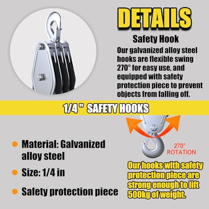Block and Tackle 2200 LBS Breaking Strength Heavy Duty Pulley, 50 Ft 3/8" Rope Pulley, 5:1 Lifting Power Pulley System, Pulley Hoist for Animal Husbandry, Warehouses, Constructions(Black) - color: BLACK