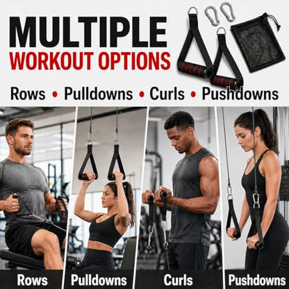 Cable Machine Handles 2 Pack, Foam Grip Exercise Handles with Carabiners and Mesh Bag for Lat Pulldown, Cable Rows, Tricep Pushdown, Resistance Bands and Home Gym Workouts