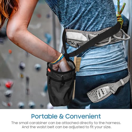 MoKo Climbing Chalk Bag with Chalk Brush, Waterproof Nylon Bouldering Chalk Bag Bucket with 2 Large Zippered Storage Pockets Drawstring Closure Adjustable Belt Chalk Bag for Climbing Gymnastics - color: Black, style: Straight