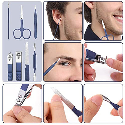 Aceoce Travel Manicure Set Pedicure Kit Nail Clippers Set Grooming Kit | Stainless Steel Nail Clippers Nail Tools with Travel Case Manicure Pedicure Set Professional Nail Care Kit Gifts for Men - color: Blue