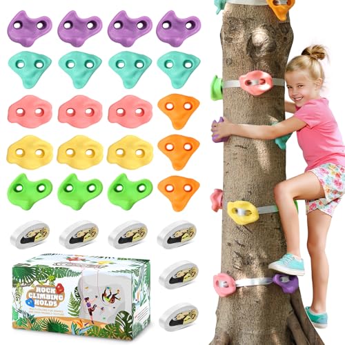 TOPNEW 20 Ninja Tree Climbing Holds for Kids Climber, Adult Climbing Rocks with 6 Ratchet Straps for Outdoor Ninja Warrior Obstacle Course Training, Soft Color - style: 20 Pcs Pastel Color 2