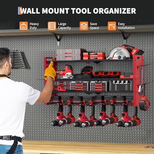 TrailBlaze Wall Mount Power Tool Organizer, 4-Layer Heavy Duty Metal Tool Storage Rack with 8 Drill Slots & Hooks, 400lbs Capacity, Garage Drill Holder for Workbench, Hanging Board Style