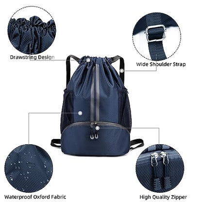 Valleycomfy Sports Drawstring Backpack - Water Resistant String Bag | with Side Mesh Pockets Shoe Compartment Gym Backpack for Women & Men Dark Blue - color: A-dark Blue