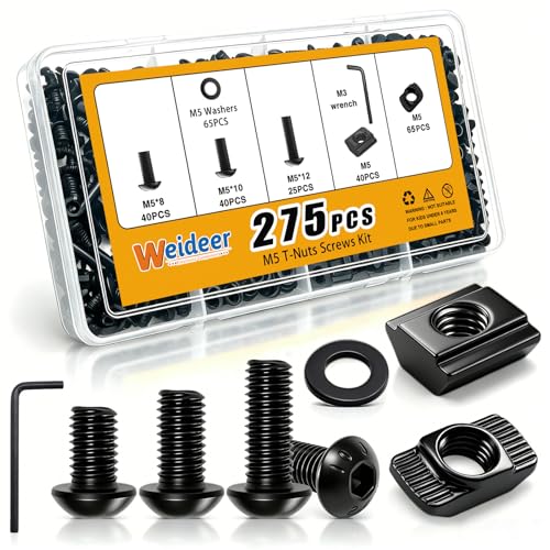 weideer 275PCS M5 T-Nuts Screws Assortment Kit,M5 T-Sliding Nut Hexagon Socket Screw T-Nuts Washers for Mlok Screws and Nuts Replacement Sets for 2020 Series Aluminum - color: BK-275PCS-M5 T-Nuts