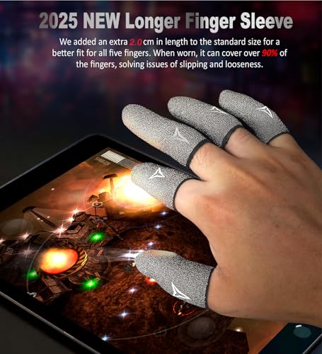 Professional Pure Silver Fiber Finger Sleeves Gloves for Mobile Gaming | Longer Size for 5 Fingers, No More Slipping, Maximum Touch Sensitivity, Anti-Sweat,6 Pack - size: L