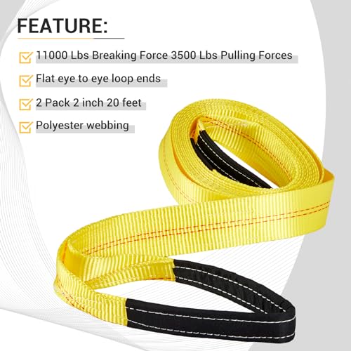 Pindex 2 Pack 2" x 20' Web Lifting Sling 11000 Lbs Breaking Force 3500 Lbs Pulling Forces Lift Sling Straps for Rocks Trees Mowers Tool Boxes in Trailers Tractors Trucks, Yellow - size: 2 inch x 20 feet