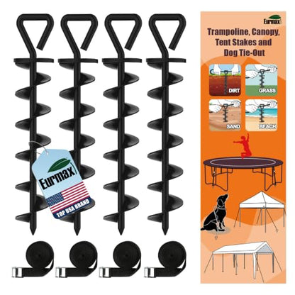 Eurmax USA 4 Pack Heavy Duty Ground Stakes,Industrial Grade Spiral Steel Screw-in Trampoline Anchors with 4 Reinforced Straps,High Wind Stabilizing Kit for Dog Tie-Out,Canopies,Sheds,Swing Sets,Black - color: Black, style: Triangle Head Pro