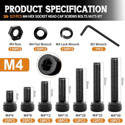 mankk 521PCS M4 Screws Assortment Kit,M4 x 6/8/12/16/20/25/30mm Hex Socket Head Cap Bolts Nuts & Washers Assortment Kit 12.9 Grade Alloy Steel Machine Screws - size: M4, style: Hex Socket Cap