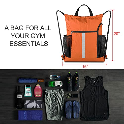 BeeGreen Orange Drawstring Backpack Bag Cinch Sack with Shoe Compartment and Two Side Mesh Pockets Lightweight Large Sturdy Drawstring Gym Sackpack For Unisex - color: Orange, style: Drawstring With Shoe Compartment