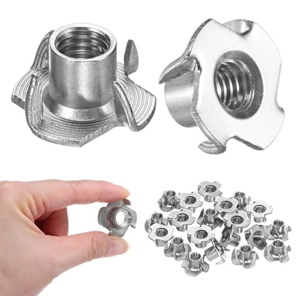 M METERXITY 50-Pack 3/8-UNC T-nut, 4/8" Barrel Length Stainless Steel 4-Pronged Tee Nut Threaded Insert for Wood/Rock Climbing Holds/Furniture, Corrosion Resistant Fasteners