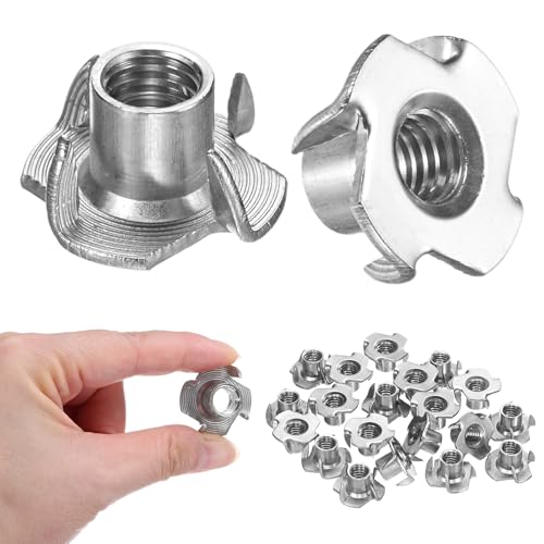M METERXITY 50-Pack 3/8-UNC T-nut, 4/8" Barrel Length Stainless Steel 4-Pronged Tee Nut Threaded Insert for Wood/Rock Climbing Holds/Furniture, Corrosion Resistant Fasteners