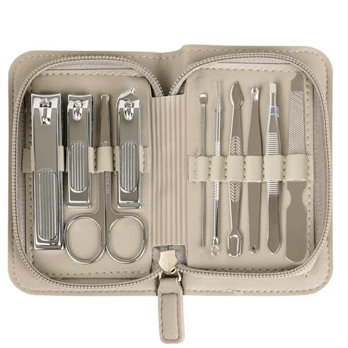 10 PCS Premium Stainless Steel Nail Clippers Set, Professional Manicure Pedicure Kit with Zipper Portable PU Leather Case, Travel Grooming Kit, Ideal Gift for Men and Women(C-Grey) - color: C-grey