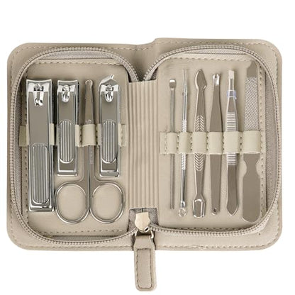 10 PCS Premium Stainless Steel Nail Clippers Set, Professional Manicure Pedicure Kit with Zipper Portable PU Leather Case, Travel Grooming Kit, Ideal Gift for Men and Women(C-Grey) - color: C-grey