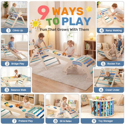 DUMOS 9-in-1 Pikler Triangle Set for Toddlers, Foldable Montessori Climbing Toys Indoor, Wooden Jungle Gym with Arch Rocker, Reversible Ramp, Ladder, Toy Cars and Blocks, Navy Blue - color: Navy Blue