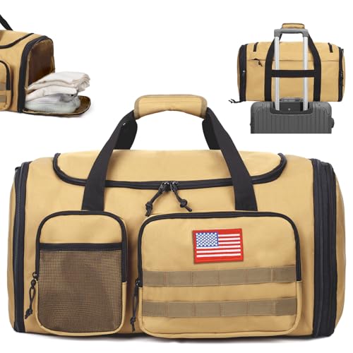 Tactical Duffle Bag for Men,52L Expandable Carry On Duffel Bag for Travel | Adjustable Shoulder Strap Travel Bag with Shoes Compartment Wet Pocket,900D Water-Resistant Weekender Bag for Gym Work Travel - color: Brown