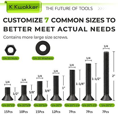 1/4 20 Bolt and Nuts, with Washers for Screws, Hex Socket Flat Head 7 Sizes are 2", 1-1/2", 1-1/4", 1", 3/4", 5/8", 1/2", 10.9 Grade Alloy Steel, Black, Full Machine UNC Thread - size: 1/4 20 Hex Socket Flat Head