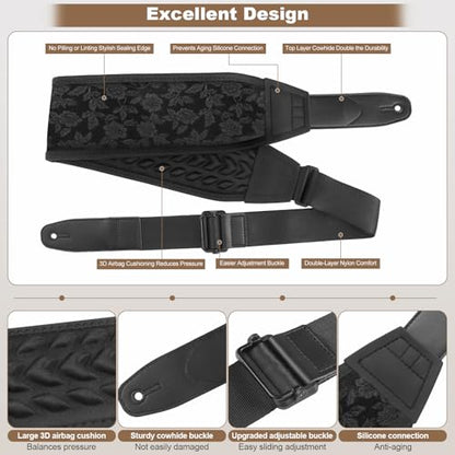 Guitar Strap and Bass Strap, Embroidered Guitar Strap, Adjustable Strap Length, Equipped with 3D Sponge Filled Foam Pad, Comes with 4 Picks + 2 Strap Locks, Best Gift for Guitar Players, Black - color: Black Embroidery