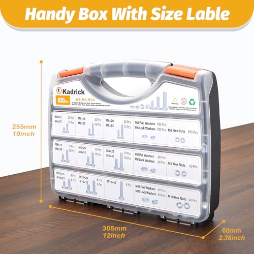 Kadrick 820Pcs Metric Bolt Assortment,Grade 8.8 M6 M8 M10 Hex Heavy Duty Bolts and Nuts Kit,M6-1.0 M8-1.25 M10-1.5 (12mm to 45mm),Eco-Friendly Zinc Plated - size: 820Pcs M6-M10 HEX White Blue
