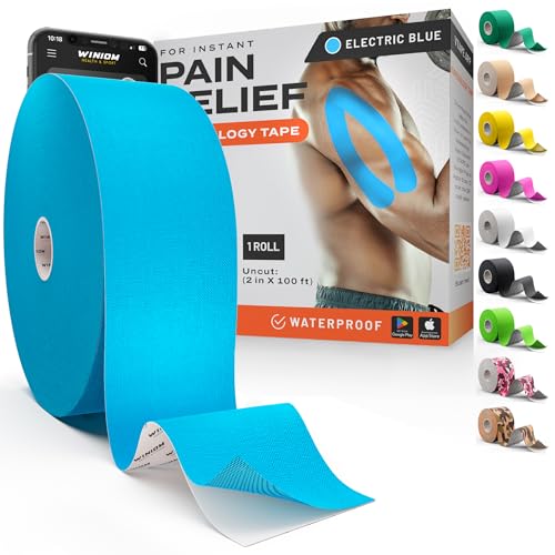 Kinesiology Tape - Waterproof Athletic Sports Tape for Knee, Shoulder, Arm & Back Support | 3-5 Day Adhesion, Hypoallergenic & Latex-Free + Taping Guide (Uncut, 2"x100ft Roll, Electric Blue) - color: Pack E: Electric Blue, size: 100 Feet - Uncut