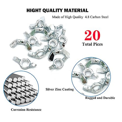 20 PCS 3/8-16 Inch Wingnuts, Quality Carbon Steel Wing Nuts Zinc Plated Fasteners Parts Butterfly Nut, Hand Twist Tighten Hardware Nuts Butterfly Wing-Nut 3/8-16” Assorted Kit - size: 3/8"-16 - Carbon Steel - 20 Pcs