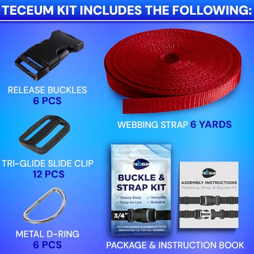 TECEUM 3/4" Nylon Strap Kit with Buckles, Red 6 yards Repair Set | Heavy duty hardware kit: 6yd webbing, 6 quick release buckles, 12 tri-glide slide clips, 6 metal D-rings for crafting. - color: Red, size: 3/4" - 6 yards, style: 6 Buckle - 12 Slides - 6 D