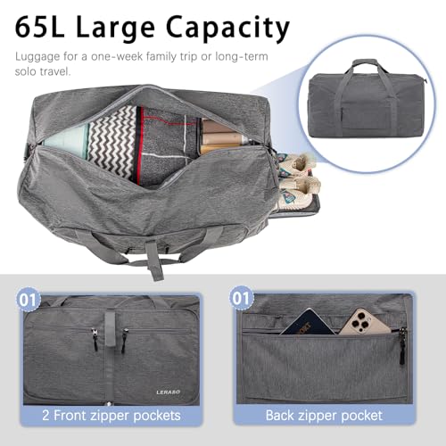 65L Foldable Duffle Bag with Shoe Compartment - Large Travel Duffel Bag for Men & Women, Packable Weekend Bag with Trolley Sleeve, Water-Resistant & Lightweight Gym Bag for Travel, Sports（Grey） - color: Grey