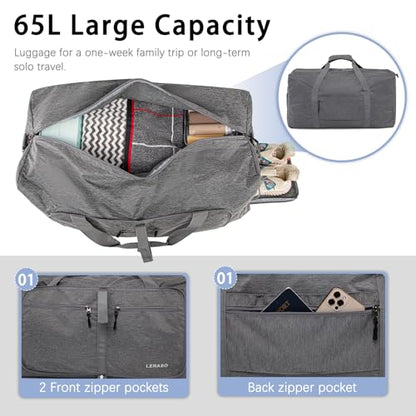 65L Foldable Duffle Bag with Shoe Compartment - Large Travel Duffel Bag for Men & Women, Packable Weekend Bag with Trolley Sleeve, Water-Resistant & Lightweight Gym Bag for Travel, Sports（Grey） - color: Grey