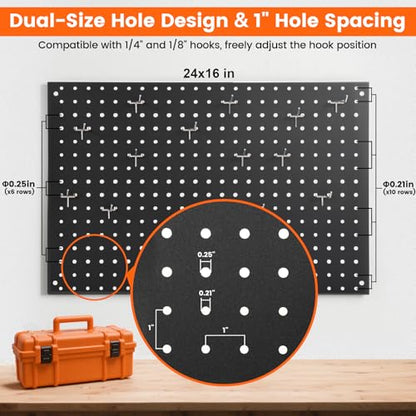ENJOYWOOD Pegboard, 4 PCS 24"×16" Metal Peg Board Panels Black Modular Wall Organizer Kit with 40 Hooks, Dual-Size Hole Design for Home Tool Storage, Garage Organization, Kitchen, Office, Craft Room - size: 4 PCS