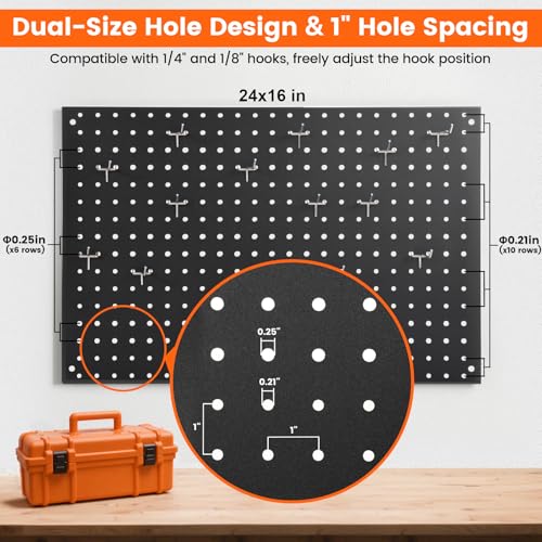 ENJOYWOOD Pegboard, 3 PCS 24"×16" Metal Peg Board Panels Black Modular Wall Organizer Kit with 30 Hooks, Dual-Size Hole Design for Home Tool Storage, Garage Organization, Kitchen, Office, Craft Room - size: 3 PCS