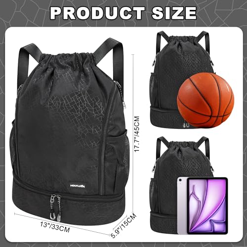 HOLYLUCK Drawstring Backpack Gym Bag with Shoe Compartment for Soccer,Basketball, String Swim Beach Bag for Men Women, Black - color: Black