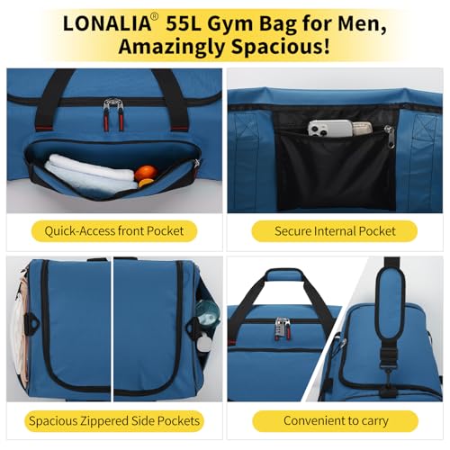 55L Large Duffle Bag for Men, 22 inch, Blue | Heavy Duty, Gym Duffel Bag, Multi Pockets, Spacious - color: Royal Blue
